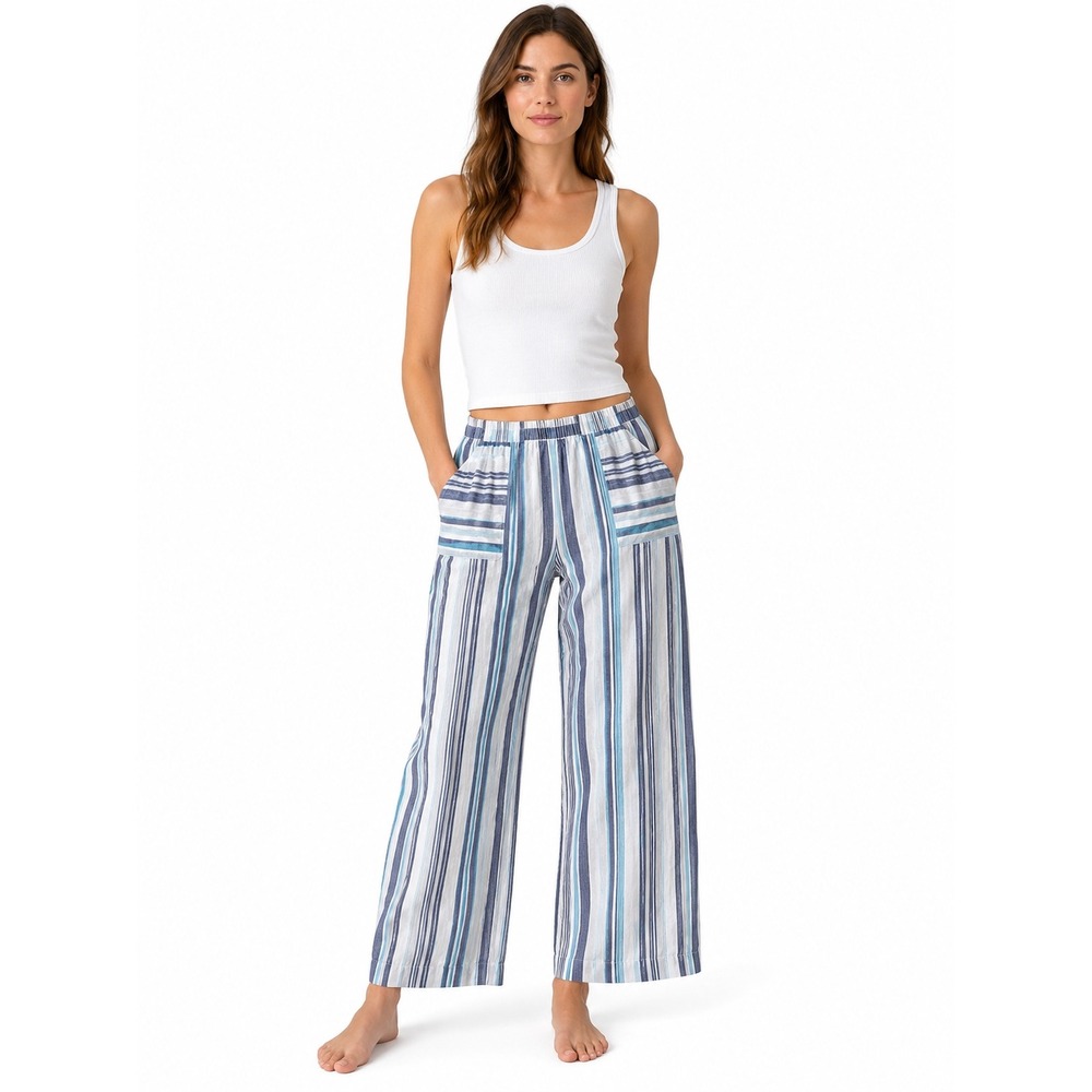 Beau Dawson Blue White Striped Linen Blend Wide Leg Pants 8162-01102 medium